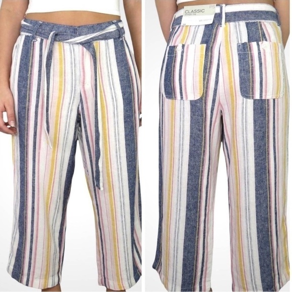 Liz Claiborne Linen Blend Capri Pants Multi Color Stripes Belted Small Petite - Picture 1 of 13